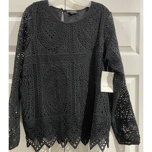 Calligraphie Black Scoop Neck Crochet Lace Long Sleeve Top. NWT.  Sz L. Cute.